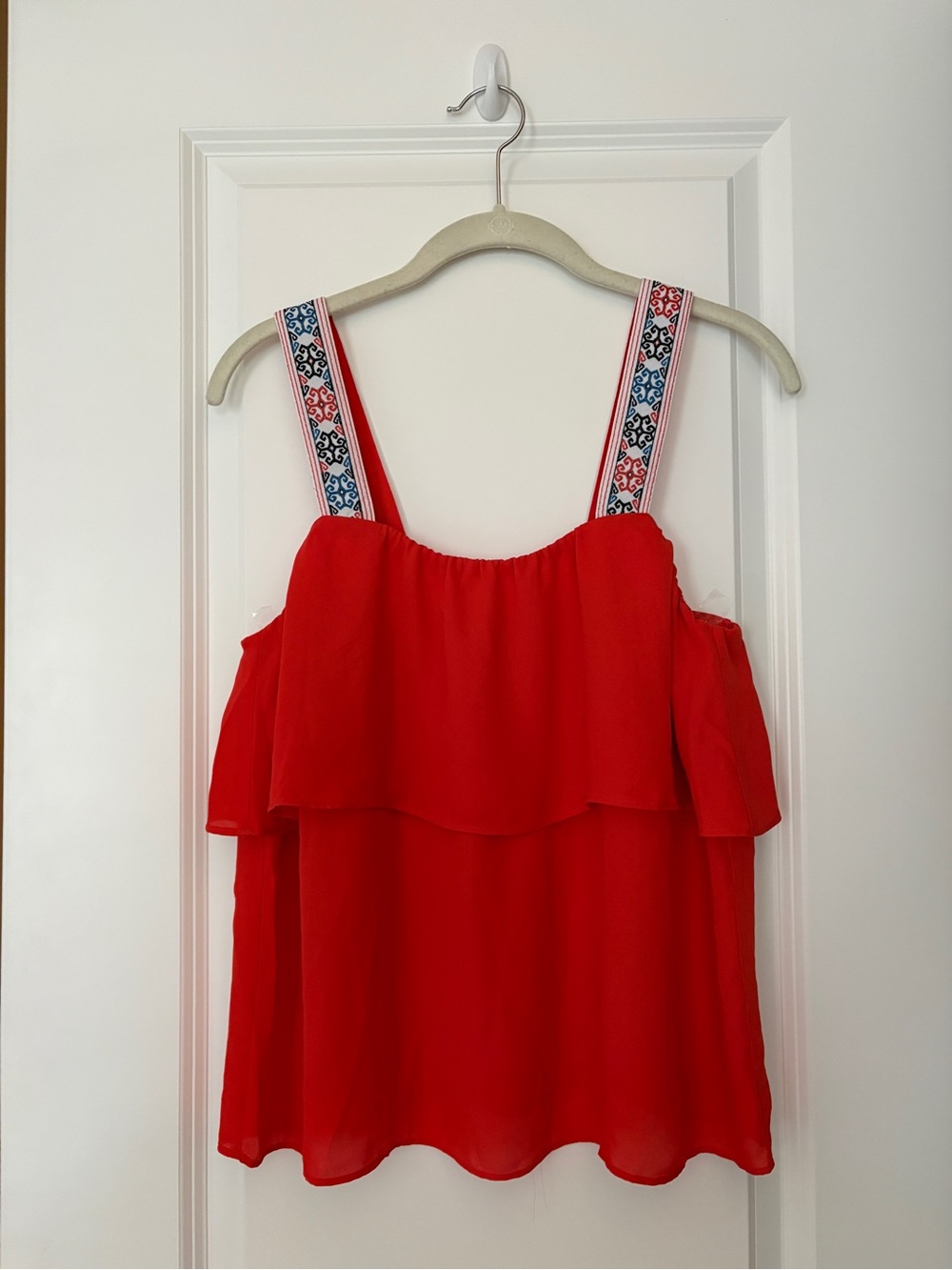 J. Crew Factory Red Tiered Camisole with Embroidered Straps
